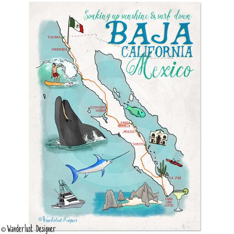 Baja California Illustrated Map Baja California Norte, California Illustration, Ensenada Baja California, California Pictures, Moon Coloring Pages, Mexican Beaches, Baja California Mexico, Bible Coloring Pages, California Map