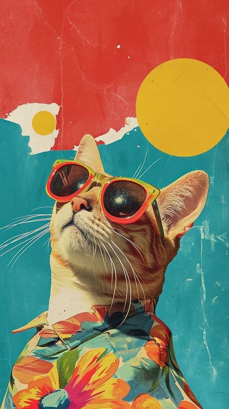 Dreamy Retro Collages whit a happy cat art sunglasses painting. | free image by rawpixel.com / Boom Cat Prints Art, Retro Art Painting, Sunglasses Painting, Happy Collage, Collage Cat, Warm Wallpaper, Sunglasses Art, Cat With Sunglasses, Cat With Glasses