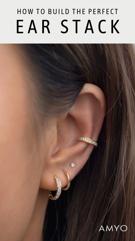 Tips on how to build the perfect minimal ear stack. Affordable Huggie Hoop Earrings, Stud Earrings, and Ear Cuffs in 14K Gold, 14K Rose Gold, 14K White Gold, Gold Vermeil, Sterling Silver, Rose Gold Vermeil. Hypoallergenic, Free U.S. Shipping! #earstack #huggieearrings #studearrings #earcuffs Ušný Piercing, Bijoux Piercing Septum, Piercing Face, Minimalist Ear Piercings, Ear Peircings, Ear Piercing Studs, Ear Piercings Chart, Double Ear Piercings, Cool Ear Piercings