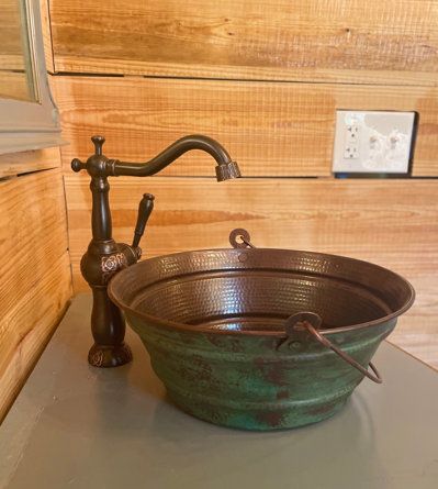 Rustic Bathroom Sinks, Copper Sink Care, Patina Design, Bucket Sink, Copper Vessel Sinks, Bath Sink, Green Exterior, Copper Vessel, Cabin Bathrooms