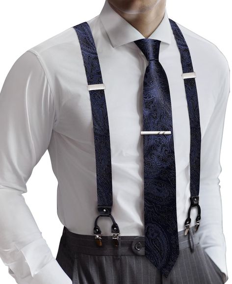 PRICES MAY VARY. HIGH-QUALITY SILK-Fabric soft and comfortable,content rich,1*Suspender +1*Tie+1*Pocket Square+ 2*Cufflinks+a free clip,different color for you to choice,an essential accessory for a man's wardrobe. SIZE-Suspender:1.4*59inches(3.5*150cm).BowTie:4.7*2.4inches(12*6cm),Adjustable according to neck-size:11-19inches(28cm-48cm),And its length is adjustable and could fit for the body shape of most customers. Special Clips Design: Y type suspender with 6 metal strong clips can help to ke Bow Toe And Suspenders Wedding, Bow Tie And Suspenders Wedding Black, Slate Blue Suspenders, Navy Bow Tie And Suspenders, Black Bow Tie And Suspenders Groomsmen, Groomsman Attire Suspenders, Suspenders Men Fashion, Suspenders Outfit, Vintage Outfits Men