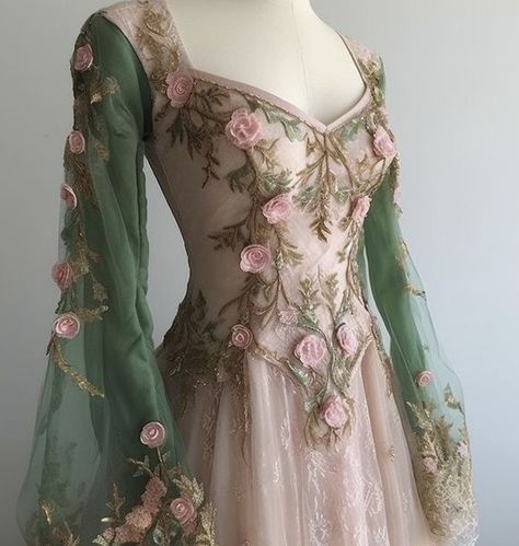 Long Sleeve Wedding Dress Color, Fairycore Dress Prom, Unibloom Dress, Celtic Aesthetic Outfit, Fantasy Elf Dress, Fairy Bridesmaid Dresses, Fairy Fantasy Dress, Flower Dress Fairy, Fairy Inspired Dress