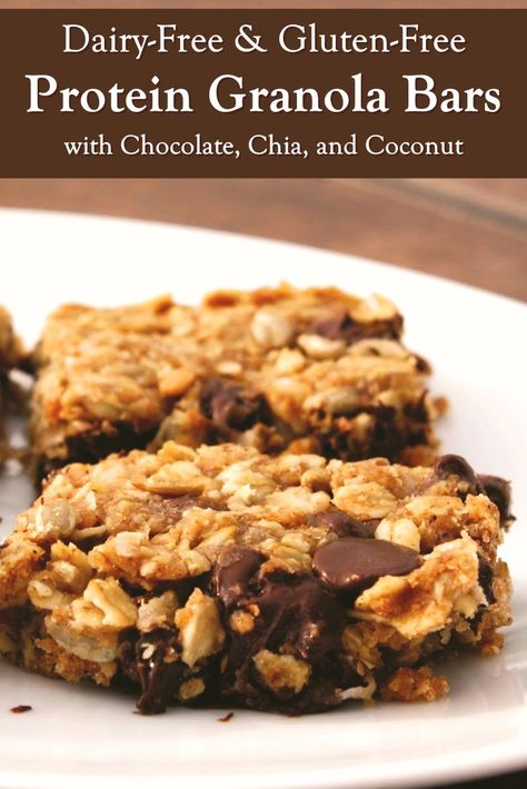 Chocolate Chip Protein Granola Bars Recipe (Dairy-Free & Gluten-Free) Protein Granola Bars Homemade, Homemade Protein Granola Bars, Protein Granola Bar Recipe, Dairy Free Granola Bars, Homemade Protein Granola, Low Calorie Granola, Dairy Free Protein Bars, Nut Free Granola Bars, Gluten Free Granola Bars