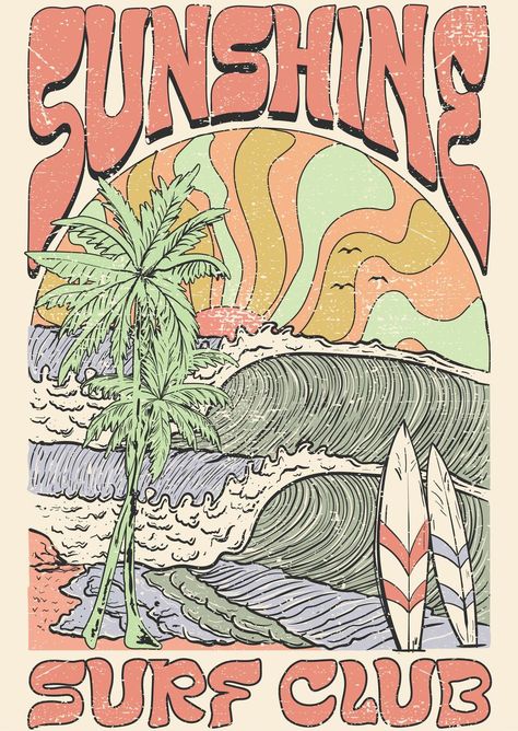 Vintage Surf Club - A4 Rice Decoupage Paper Vintage Beach Graphic Design, Retro Surf Poster, Vintage Surf Art, Surf Skate Aesthetic, Vintage Surf Wallpaper, Surf Design Graphic, Vintage Surf Posters, Vintage Surf Aesthetic, Vintage Beach Posters