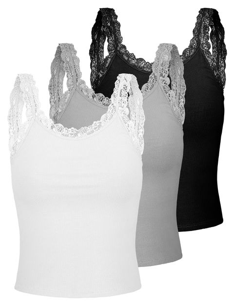 PRICES MAY VARY. Lace Trim Design: this lace trim tank tops cami uses lace trim design at the waistband collar and shoulder strap, which is elegant and trendy; You can wear romantic lace camisoles in different occasions; Lace trim camiole will make you more attractive in the crowd Package Including: you will receive 3 pieces of lace strap sleeveless camisole tank tops in different colors, including coffee, white, and gray; Women lace tank tops cami adopts classic color, which is simple and elega Patchwork Tank Top, Lace Trim Tank Top, Y2k Tops, Lace Straps, Romantic Lace, Lace Camisole, Lace Patchwork, Lace Cami, Tank Top Camisole