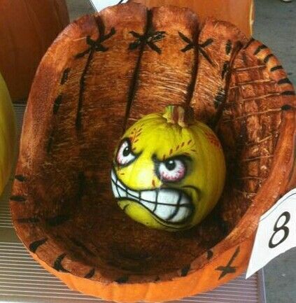 Baseball Halloween Decorations, Softball Pumpkins, Halloween Softball, Halloween Pumpkin Ideas, Softball Things, Pumpkin Smash, Softball Crafts, Pumpkin Decorating Contest, Softball Stuff