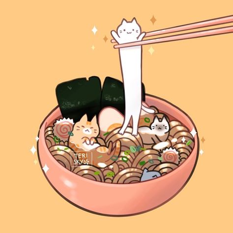 Teri Sky on Instagram: “Long Ramen Cat 🍜🐱🥢 I just want to hold a cat 🙈😅” Spot Illustration, Desserts Drawing, Nostalgia Art, 귀여운 음식 그림, Long Cat, Posca Art, Cute Food Drawings, Cute Food Art, Galaxy Art