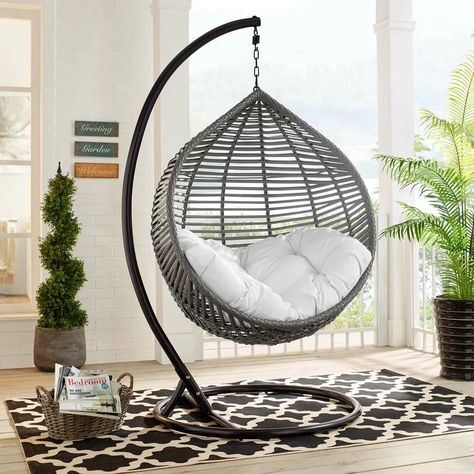 Bungalow Rose chaise de terrasse d’extérieur en blanc gris Chenery | Wayfair.ca Modern Hanging Chairs, Swinging Chairs, Outdoor Hanging Chair, Sway Back, Swing Chair Outdoor, Hanging Chair Outdoor, Hanging Egg Chair, Patio Swing, Swing Chair