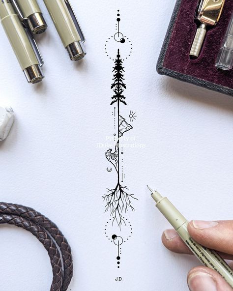 Spine Tattoos For Women Tree, Spine Tattoos Western, Fine Line Nature Tattoo, Tree Spine Tattoo, Minimalist Tree Tattoo, Camper Tattoo, Tree Line Tattoo, Ogham Tattoo, Trap Tattoos For Women