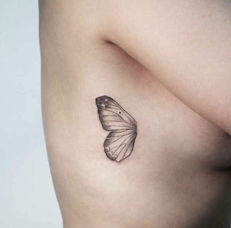 One Butterfly Wing Tattoo, Rib Wing Tattoo, Holes In Butterfly Wings Tattoo, Butterfly Wings Tattoo On Back Small, Butterfly Ribs Tattoo, Wings Rib Tattoo, One Wing Butterfly Tattoo, Half Butterfly Wing Tattoo, Butterfly Ribcage Tattoo