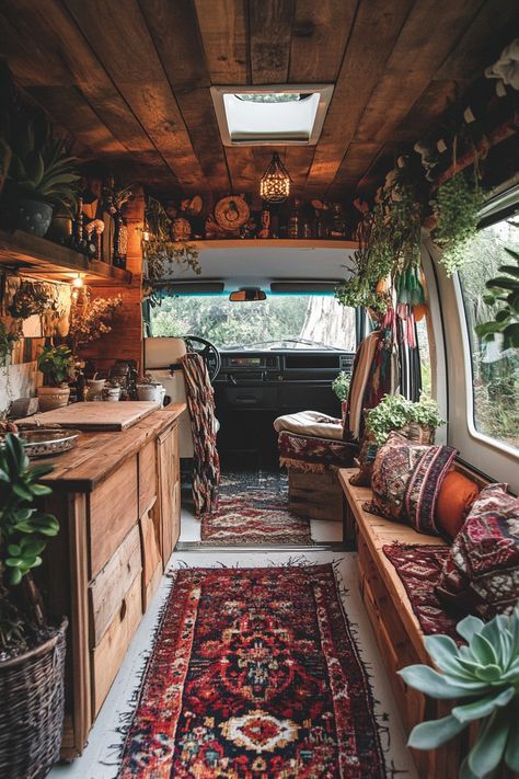 15+ Boho-Luxe Camper Van Interiors: Gypsy Living with a Touch of Glamour Bohemian Camper Decor, Vintage Camper Van, Cozy Camper Interior, Boho Caravan Interior, Van Living Aesthetic, Boho Van Life, Boho Camper Interior, Boho Rv, Boho Van