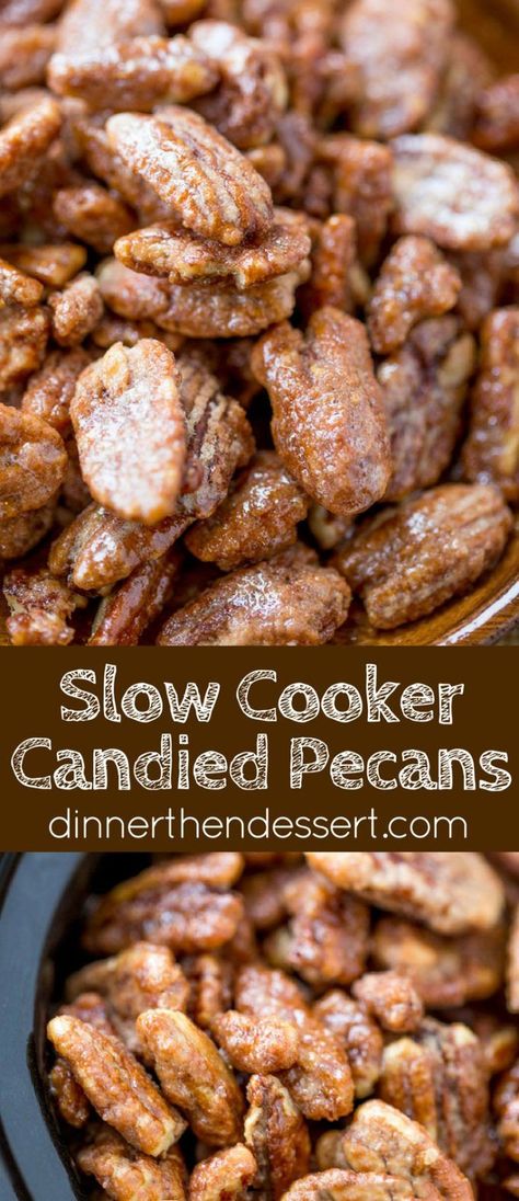 Slow Cooker Candied Cinnamon Pecans are a total breeze to make and will leave your house smelling absolutely delicious! Plus they double as amazing holiday gifts you can make in bulk! Slow Cooker Candy, Dessert Holiday, Weight Watcher Desserts, Dinner Then Dessert, Pot Recipes Healthy, Cinnamon Pecans, Crock Pot Desserts, Pot Recipes Easy, Christmas Candy Recipes