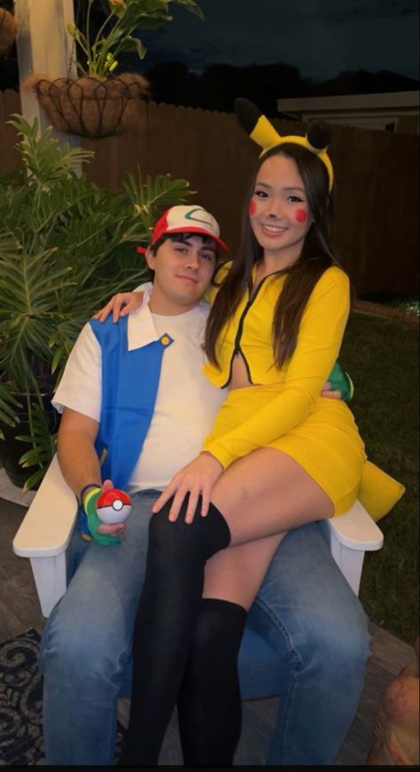 Ash And Pikachu Costume, Unique Halloween Costumes For Couples, Pikachu Halloween Costume, Ash Costume, Unique Couples Costumes, Pokemon Halloween Costume, Pikachu Costume, Cute Couples Costumes, Costumes For Couples