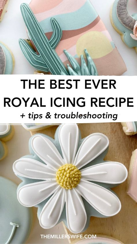 The Complete Guide to Royal Icing. Want to master royal icing? Check out our complete icing cookies guide, including cookie decorating tips, the best royal icing recipe, and making royal icing flowers. Learn how to decorate sugar cookies with royal icing! decorated cookies royal icing. Chloe Flower, Best Royal Icing, Sugar Cookie Recipe With Royal Icing, Best Royal Icing Recipe, Sugar Cookie Recipe For Decorating, Easy Royal Icing, Roll Out Sugar Cookies, Easy Royal Icing Recipe, Cookie Icing Recipe