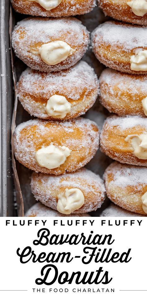 Bavarian Cream Donuts from The Food Charlatan. What's better than a soft, puffy Donut? A cream filled donut! Bavarian Cream Donuts are a classic for a reason. Fried dough rolled in sugar and filled with custard (Pastry Cream + whipped cream), they are a totally irresistible and decadent treat. I will show you exactly how to make them step by step! These are perfect to make for birthdays, holidays, or any lazy weekend where you feel like having a treat, or fun to make together with a group! Cream Filling For Donuts Recipe, Cafe Dinner Ideas, Cream Filled Doughnut Recipe, Homemade Cream Filled Donuts Recipe, Homemade Filled Donuts Recipe, Bavarian Donut Recipe, Filling For Donuts Recipes For, Donut Recipes Fried, Filled Donuts Homemade