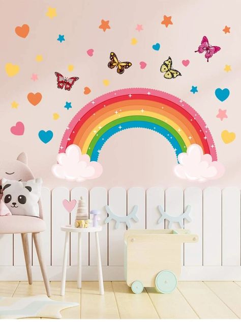 Rainbow Room Decor, Kindergarten Wallpaper, Rainbow Wall Decal, Heart Wall Stickers, Wallpaper Watercolor, Rainbow Room, Room Stickers, Butterfly Heart, Flower Wall Decals