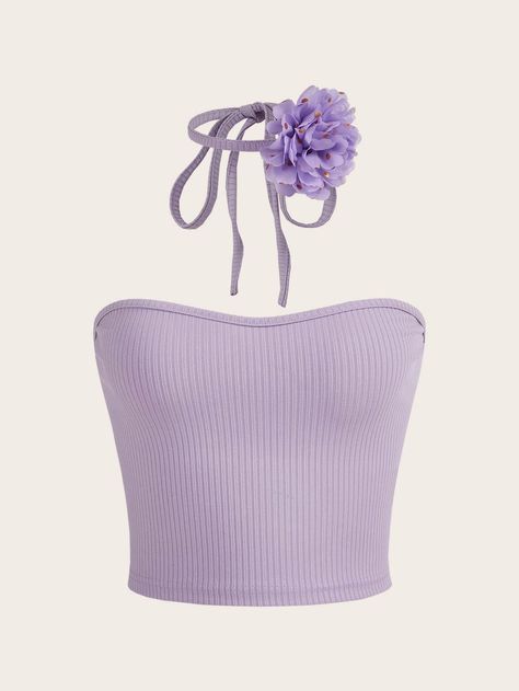 Lilac Purple Casual Collar  Fabric Plain  Embellished Non-Stretch  Women Clothing Lilac Clothes, Puff Sleeve Pattern, Knit Tube Top, Kawaii Outfit Ideas, Middle Eastern Fashion, Clothes Korean Style, Purple Outfits, Fairy Fashion, Summer Crop Tops