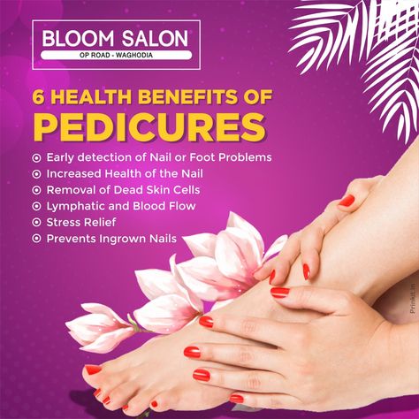 Getting curious to know about the benefits of a pedicure?   Here is the list that will help you learn about it.  No matter what your age is, you should always avail this service.   We provide this service with a blissful experience at our salon.  Visit Bloom Salon today.   Call for booking an appointment: 088491 03859.  #BloomSalon_BM #Vadodara #OPRoad #Waghodia #Pedicure #Benefits #PremiumServices #BlissfulExperience Pedicure Specials Ideas, Pedicure Quotes Beauty, Different Types Of Pedicures, Pedicure Benefits, Nail Facts, Pedicure Quotes, Pedicure Pictures, Salon Tips, Nail Parlour