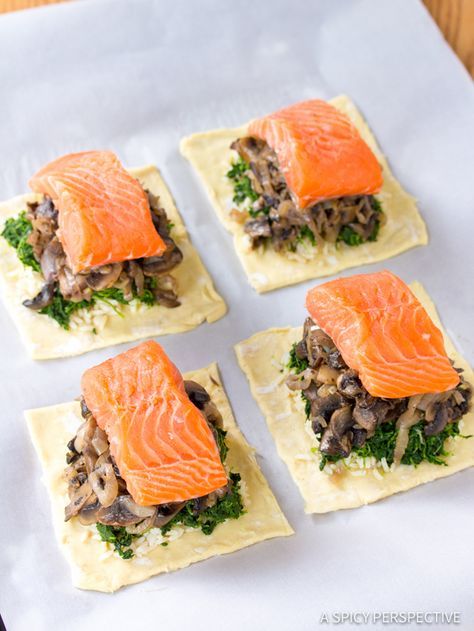 Dazzling Coulibiac of Salmon Recipe | ASpicyPerspective.com #holiday Mini Salmon Wellington, Sage Salmon Recipe, Parmesan Parsnips, Salmon Coulibiac, Salmon Wellington Recipe, Salmon Pie, Salmon Wellington, Puffed Pastry, Halibut Recipes