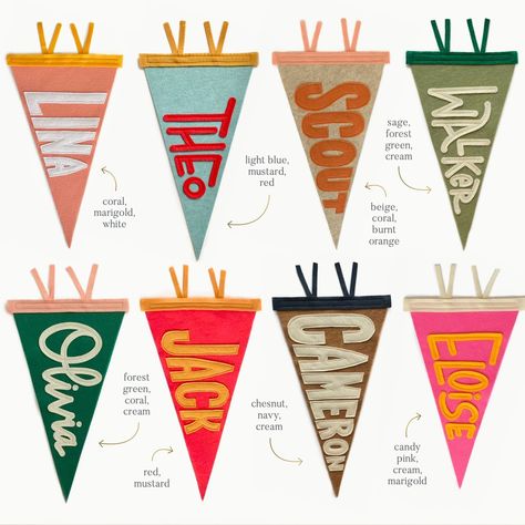 8 of our favorite pennant color combos ✨ Zoom on in for the color names. Which is your fave out of these 8?? I'm going with... bottom left! Forest, coral, cream 👏 Cute Bedroom Crafts, School Pennant Diy, Name Pendant Flag, Pendant Flags Diy, Cool Room Crafts, Felt Name Flag, Felt Pennants Diy, Colorful Bedroom Decor Ideas, Diy Name Pennant