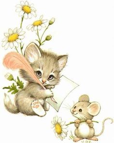 Ruth Morehead - Kitten & Mouse in Daisies Robin James, Critter Sitters, Baby Born Kleidung, Ruth Morehead, Mouse Illustration, Mouse Pictures, Pink Hats, Postal Vintage, Cat And Mouse