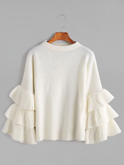 White Layered Ruffle Sleeve Pullover Sweater Fashion Tops Blouse, Long Sleeve Pullover Sweater, Designs For Dresses, Mode Hijab, Pullover Sweater Women, Mode Inspo, Sweaters Online, 여자 패션, Girls Fashion Clothes