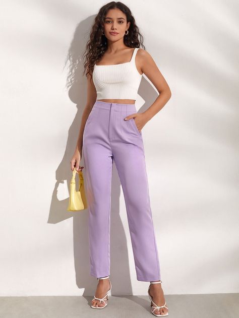 Lavendar Pant Suit, Purple Pants Outfit Women, Purple Trousers Outfit Classy, How To Style Lilac Pants, Formal Pant For Women, Trending Trousers For Women, Purple Style Outfit Casual, Lavender Trousers Outfit, Formal Trouser Outfits For Women