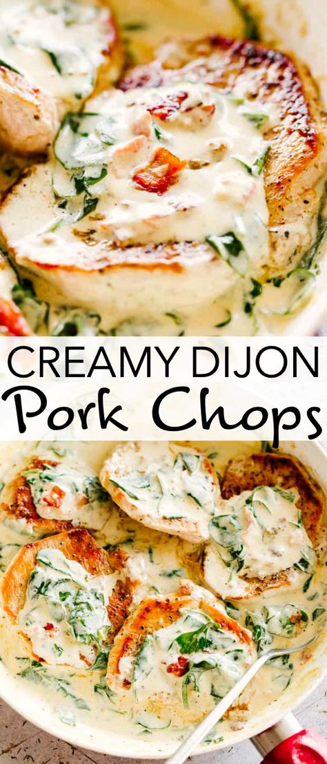 CREAMY DIJON PORK CHOPS! Crispy, savory, juicy pork chops in a creamy dijon sauce with bacon, cheese, and spinach! Easy, delicious, AND LOW CARB! #lowcarb #keto #porkchops #quickdinner Creamy Dijon Pork Chops, Dijon Pork Chops, Creamy Dijon Sauce, Pork Chops Recipes, Creamy Dijon, Dijon Sauce, Low Carb Pork, Easy Pork Chops, Easy Pork Chop Recipes