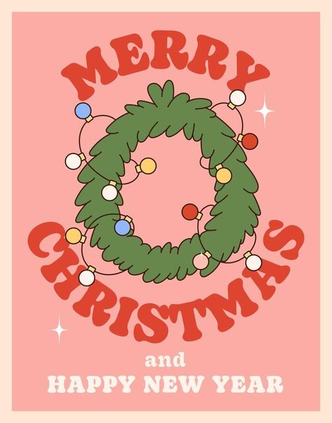 Merry Christmas and Happy new year. Hippie groovy poster with spruce wreath and garland. On trendy style with a 70's vibes. Merry Christmas Poster Design Ideas, Christmas Posters Design, Christmas Posters Ideas, Marry Christmas Poster, Cute Christmas Posters, Christmas Poster Illustration, Merry Christmas Illustration Design, Chrismast Poster, Merry Christmas And A Happy New Year