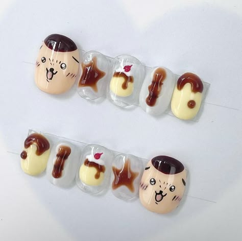 Pudding Nail Art, Food Themed Nails, Juminocore Nails, Chiikawa Nails, Cookie Nail Art, Bread Nails, Pudding Nails, Cookie Nails, Food Nail Art