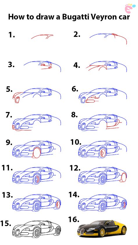 Super Car Sketch, Car Sketch Step By Step, Car Drawing Sketches Step By Step, Bugatti Drawing Easy, Bugatti Car Drawing, Drawing Cars Step By Step, Car Drawings Step By Step, Super Car Drawing, Cool Car Drawings Easy