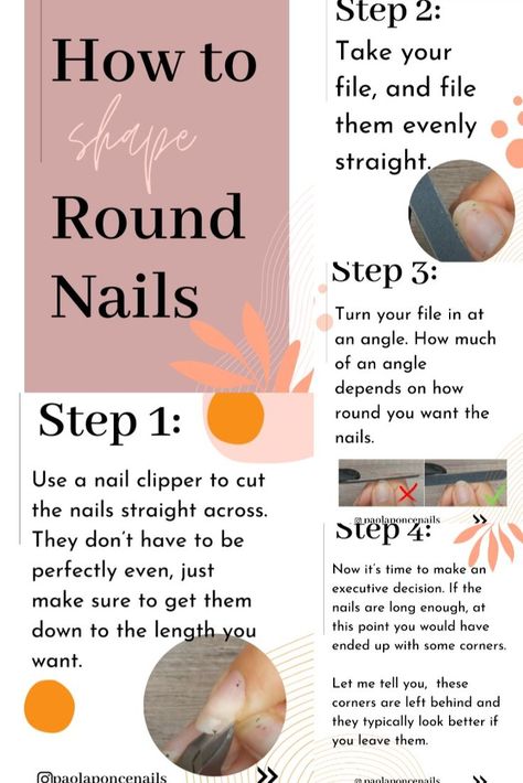 Round nails,
Proper Shaping, 
Round gel nails How To Shape Nails, Shape Of Nails, Round Shaped Nails, Nail Tech School, Short Round Nails, Nails Round, Shape Nails, Romantic Nails, Cute Simple Nails