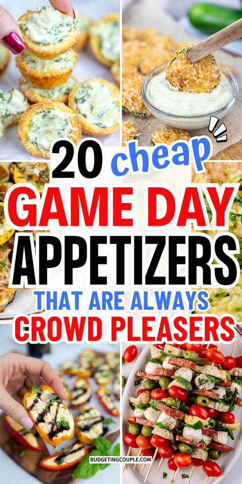 Collage of cheap Super Bowl party food and football party appetizers for game day food ideas Football Party Foods Easy, Tailgate Foods Easy, Easy Tailgate Food Crowd Pleasers, Game Day Tailgate Food, Easy Tailgating Snacks, Easy Appetizers For Football Party, Sunday Football Appetizers, Easy Tailgate Appetizers, Draft Day Food