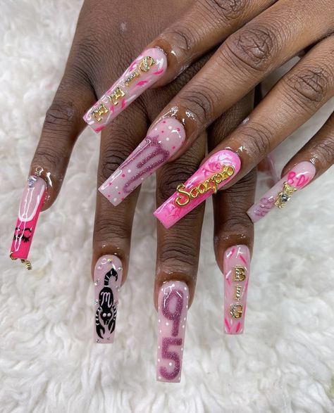 Birthday Nail Set Scorpio, Birthday Nails For Scorpio, Birthday Nail Designs Scorpio, Scorpio Acrylic Nails Designs, Scorpio Birthday Outfit Ideas, Scorpio Zodiac Nails Acrylic, Birthday Scorpio Nails Ideas, Pink Zodiac Nails, Pink Scorpio Nails