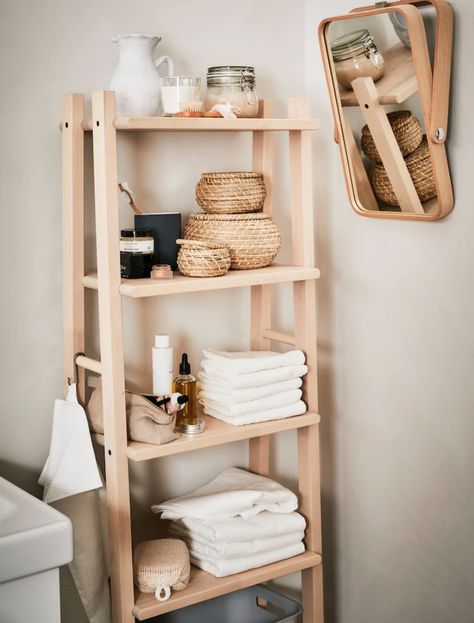 This ladder style shelving is everywhere at the moment! And it's easy to see why, it looks gorgeous, doesn't take up a load of room and makes for perfect bathroom storage. #bathroom #storage #bathroomstorage #laddershelf #realhomes Ikea Bathroom Storage, Clever Bathroom Storage, Diy Bathroom Storage Ideas, Montessori Bookshelf, Interior Ikea, Dekorere Bad, Ikea Desk Hack, Bathroom Closet Organization, Shoe Holder