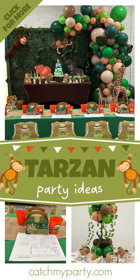 Check out this Tarzan-themed birthday party! The dessert table is awesome! See more party ideas and share yours at CatchMyParty.com Tarzan Birthday Theme, Tarzan 1st Birthday Party Ideas, Tarzan First Birthday Theme, Tarzan 1st Birthday Party, Tarzan Themed Birthday Party, Tarzan Baby Shower Ideas, Tarzan Birthday Party Ideas, Tarzan Birthday Party, Tarzan Party