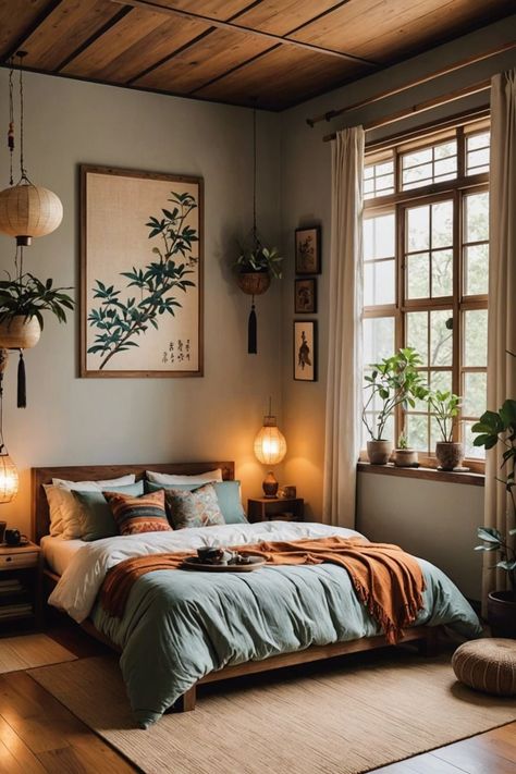 Antique White Walls, Japanese Inspired Bedroom, Earthy Bedroom, Modern Bedroom Decor, Decor Ideas Bedroom, Bedroom Refresh, Bedroom Layouts, Small Room Bedroom, Bedroom Decor Ideas