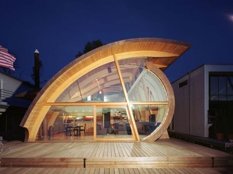 Architectural Wonders: 12 Curved Roof Buildings That Will Blow Your Mind Reading Pavilion, Floating House Design, Quirky Buildings, Jungle Restaurant, Bruce Goff, Modern Wooden House, Rumah Minecraft, Contemporary Exterior, Building Roof