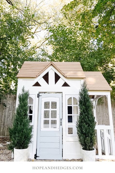 Costco Playhouse Makeover, Wooden Playhouse Makeover, Outdoor Playhouse Makeover, Light Blue Front Door, Floor And Decor Tile, Diy Wooden Playhouse, Kidkraft Playhouse, Kidkraft Playhouse Makeover, Costco Playhouse