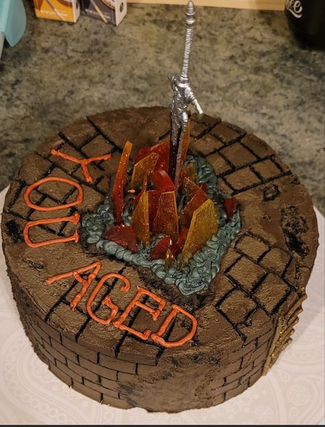 op u/savedthebestforthelast on r/baking reddit Skyrim Birthday Cake, Dark Souls Cake, Dark Souls Birthday, Skyrim Cake, Husband Meals, Fantasy Birthday, Soul Cake, 14th Birthday, Bloodborne