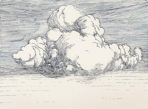 Cloud Hatching Drawing, Ink Drawing Clouds, Sky Ink Drawing, Pencil Cloud Drawing, Ink Illustrations Landscape, Clouds Pen Drawing, Woodcut Clouds, Pen And Ink Clouds, Cloud Ink Drawing