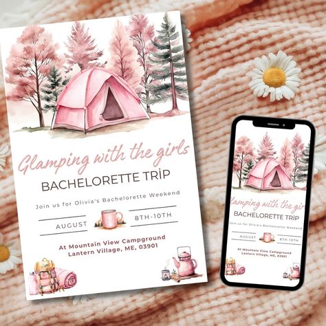 ⛺️🥾🗻 Looking for a laid back bachelorette trip? Our “glamping with the girls” line is a perfect for you! Both print and digital invitation, welcome sign, itinerary, and party favor tag are available now in our Etsy store! SAVE this for your future bachelorette party! Shop our glamping with the girls theme, and others now! link in bio 🔗 #bachelorette #bacheloretteparty #bacheloretteweekend #partyideas #partytrends #partyplanner #glamping #campbachelorette #outdooradventures #weddin... Pink Bachelorette, Party Trends, Lingerie Shower, Bachelorette Trip, Girl Themes, Party Favor Tags, Bachelorette Weekend, Girls Weekend, Digital Invitation