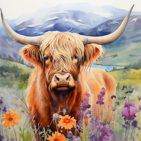 Cows Watercolor, Guinea Fowl Art, Highland Cow Pictures, Cow Paintings, Farm Animal Paintings, Highland Cow Painting, Cow Photography, Highland Cow Art, Cow Clipart