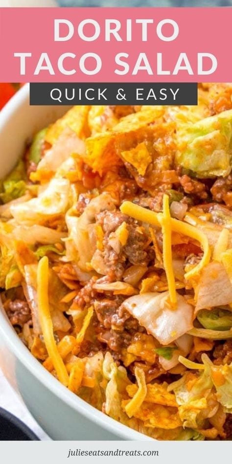 Make a Dorito Taco Salad for your next potluck, backyard party or for dinner. Loaded with flavor from the ground beef, lettuce, cheese, onions, tomatoes and Nacho Cheese Doritios and then covered with Catalina dressing. This quick and easy salad recipe is always a hit! #taco #salad Doritos Salad, Doritos Taco Salad, Dorito Taco Salad, Dorito Taco, Easy Taco Salad Recipe, Taco Salad Doritos, Catalina Dressing, Taco Salat, Mexican Salad