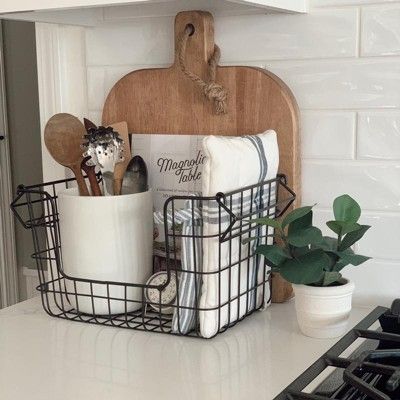 Large Stacking Wire Storage Basket Matte Black - Hearth & Hand™ With Magnolia : Target Metal Basket Decor Ideas, Wire Basket Decor Ideas, Metal Basket Decor, Thrift Gifts, Wire Basket Decor, Basket Decor Ideas, Black Wire Basket, Magnolia Decor, Counter Kitchen