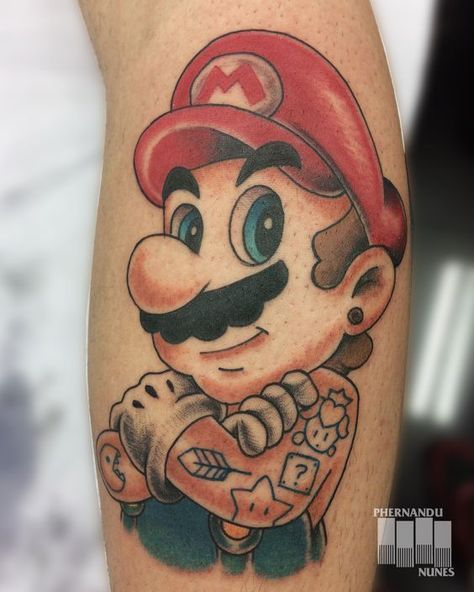 Cartoon Tattoos Disney, Ladies Tattoos, Bro Tattoos, Super Mario Tattoo, Tattoos Cartoon, Tattoos Disney, Tato Salib, Mario Tattoo, Gamer Tattoos