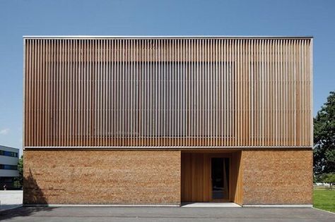 material interplay - - brick wood glass - permeable impermeable opaque transparent Fasad Design, Wood Facade, Wooden Facade, Timber Architecture, Wooden Architecture, Wood Architecture, Brick And Wood, Brick Architecture, Timber Cladding