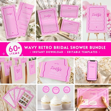 Pink Bridal Shower Bundle, Editable Retro Wavy Border Bachelorette Party Decor Set, 70s Disco Hot Pink Hen Do Printable Template Pack BR21 Wavy Decor, Retro Bridal Showers, Funky Vibes, Bachelorette Party Decor, Activity Placemat, Fun Group Games, Shower Inserts, Wavy Design, Disco Era