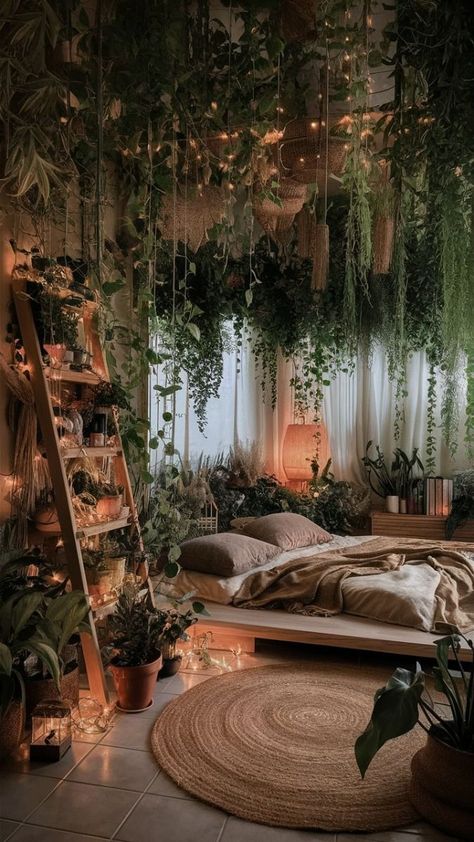 Indoor Plant Vines Hanging, Peaceful Aesthetic Home Decor, Cute Room Ideas Plants, Plant Canopy Bedroom, Plants In Bedrooms Ideas, Curtain Lights Vines, Indoor Plant Ceiling, Swamp Aesthetic Room, Curtain Lights Wall