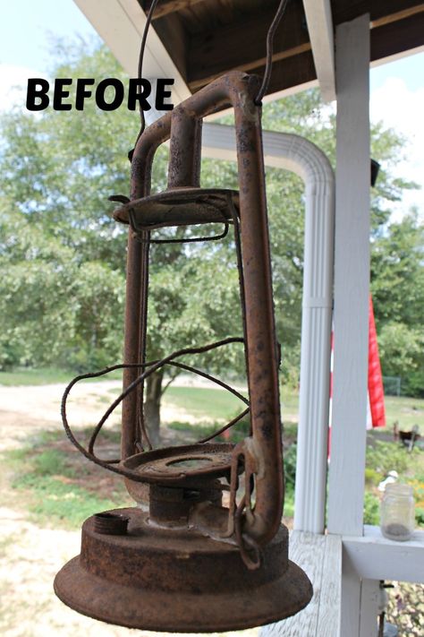 Repurposed Lantern Before Makeover.#PorchProject.intelligentdomestications.com Old Lanterns Repurposed Diy, Decorating With Old Lanterns Ideas, Old Oil Lantern Decor Ideas, Old Lanterns Repurposed, Lantern Repurpose, Kerosene Lamp Decor Ideas, Repurposed Lanterns, Upcycled Lanterns, Old Lantern Decor Ideas